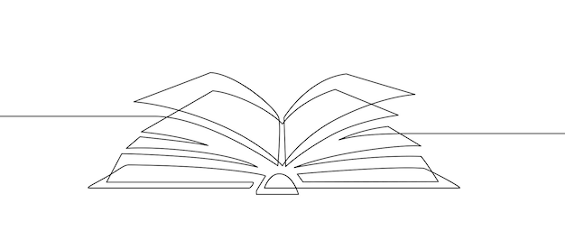 Libro di una riga. imparare e studiare, concetto di biblioteca. linea continua arte vettoriale educazione e conoscenza schizzo lineare illustrazione. libro aperto con pagine di disegno minimalista