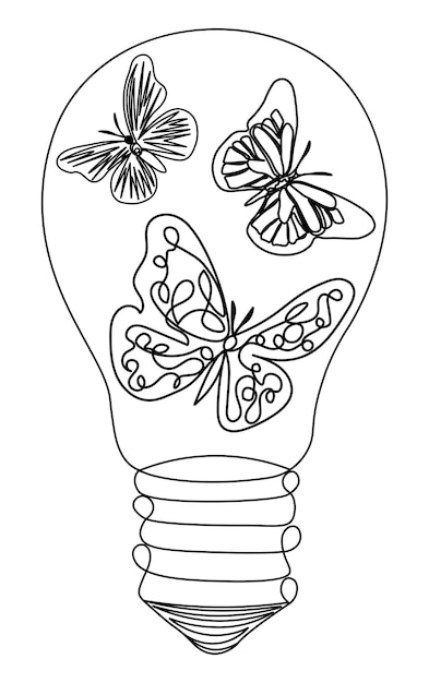 Vector one line butterflies in a light bulb