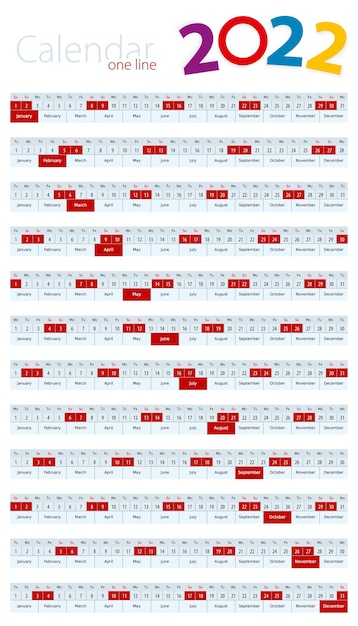 One line calendar for 2022 year.