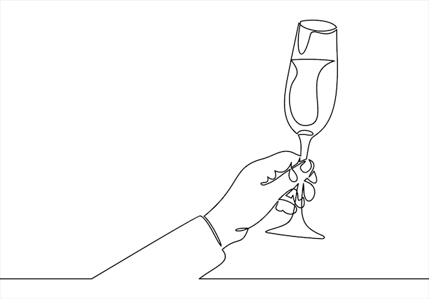 One line champagne toast. Continuous linear wine glass .
