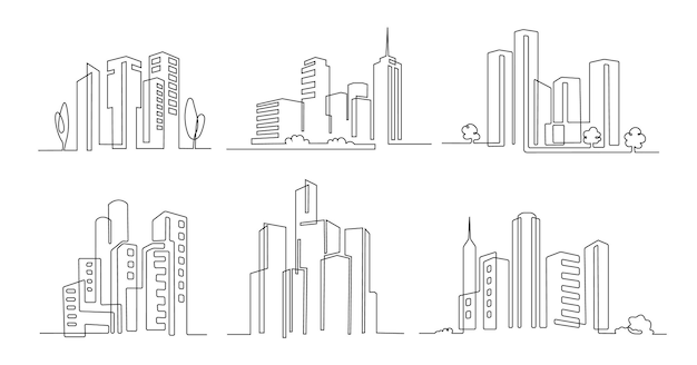 One line city Skyscraper buildings linear town cityscape and modern downtown or business district vector illustration set