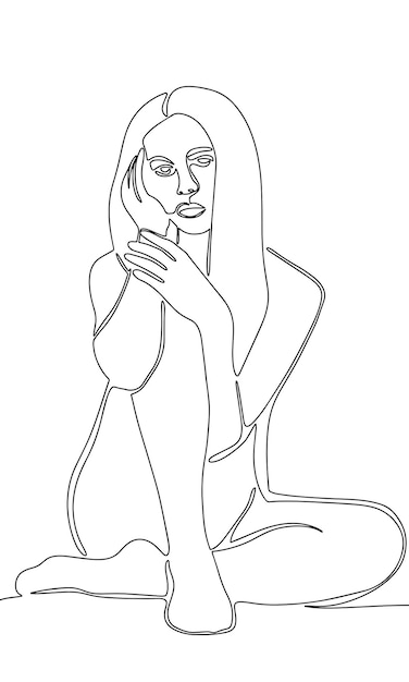 One line continuous beautiful young woman vector illustration Line art sitting woman