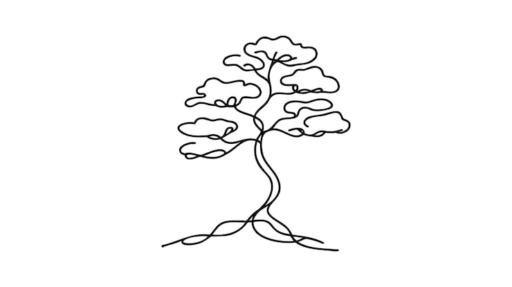 Vector one line continuous bonsai concept minimal tree in pot banner line art silhouette outline vector illustration