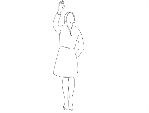 Однострочный непрерывный рисунок молодой работницы, машущей рукой премиум вектор