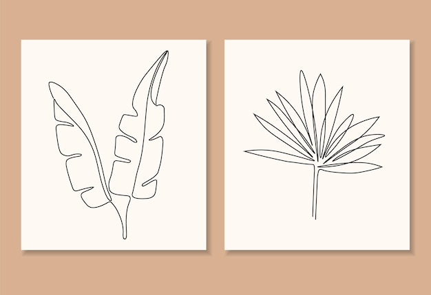1行連続の植物セット 単線画アート 熱帯の葉 植物植物