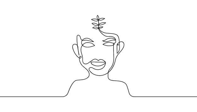 One line continuous woman face and leaves