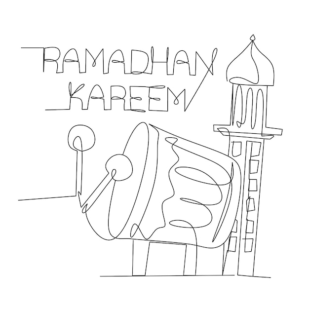 太鼓とモスクのラマダン装飾のワンラインデザイン