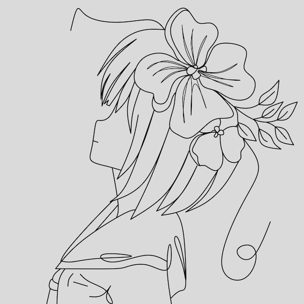 Vettore un disegno di linea ritratto di ragazza con fiori