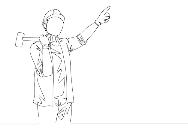 One line draw of attractive handyman holding a hammer pointing finger to the sky Home renovation