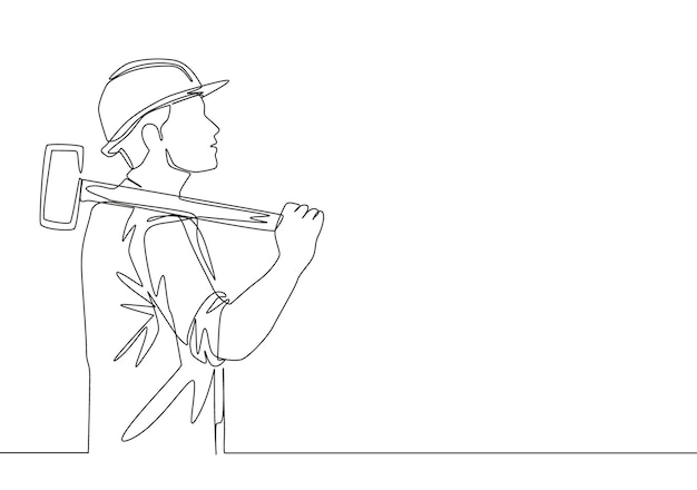 One line draw of construction builder wearing workman uniform and helmet while holding big hammer