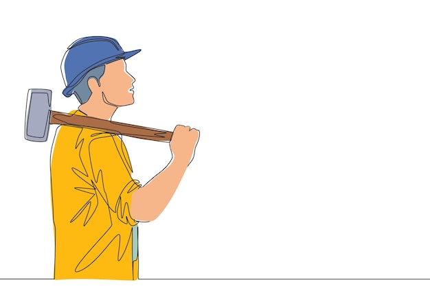 Vector one line draw of construction builder wearing workman uniform and helmet while holding big hammer