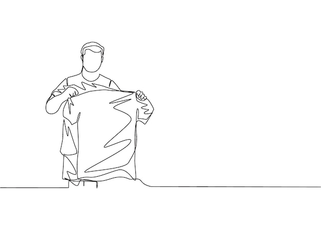 One line draw of rising football star holding his new jersey while introduced at press conference