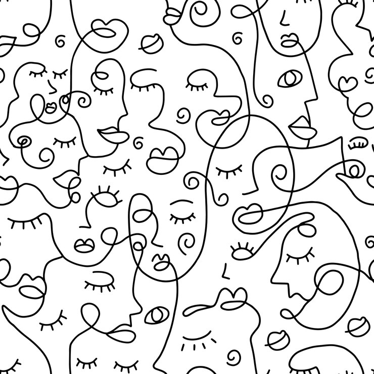 Vector one line drawing abstract face seamless pattern
