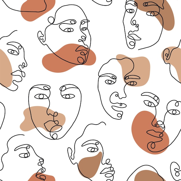 One line drawing abstract face with shape seamless pattern