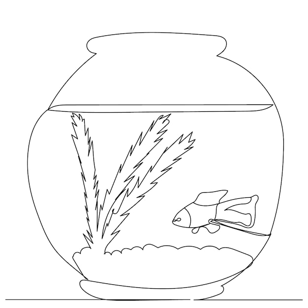 물고기 스케치가 있는 한 선 그리기 수족관