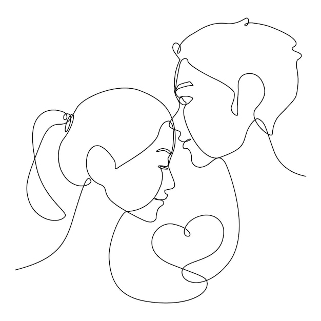 Un disegno a tratteggio di un bacio sulla fronte delle coppie asiatiche con il loro cuore il 14 febbraio. bacio del viso della linea di unione per amore.