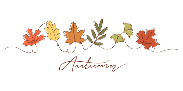 Vector one line drawing of autumn leaves and autumn typography