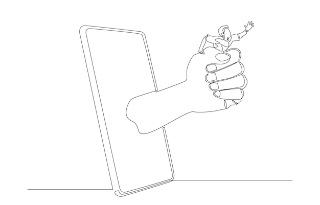 Vector one line drawing of big hand coming out of smartphone to hold man phone addiction concept