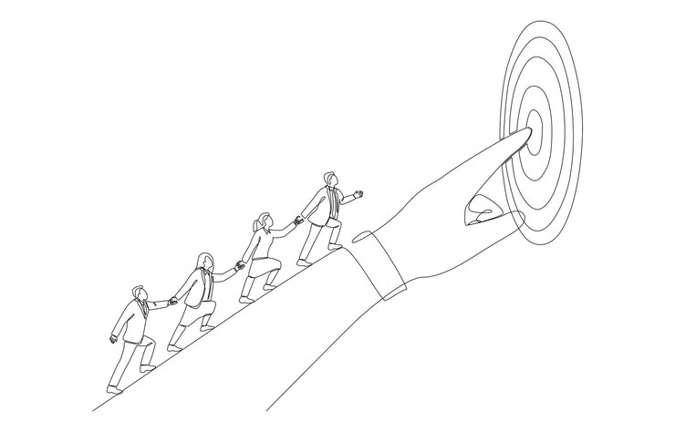 Vector one line drawing of business people walk following big pointing hand toward target