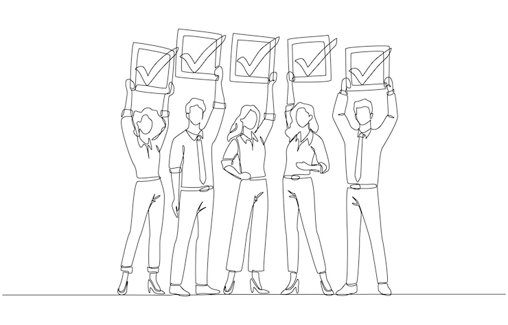 Vector one line drawing of business team holding completed checkboxes teamwork and project success