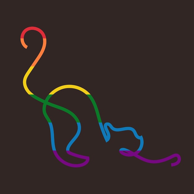 Одна линия рисует кошку цвета радуги, флаг ЛГБТ. Плакат, вектор на темном фоне.