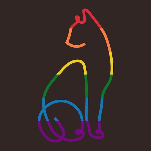 Vector one line drawing cat in the color of the rainbow, the lgbt flag.poster