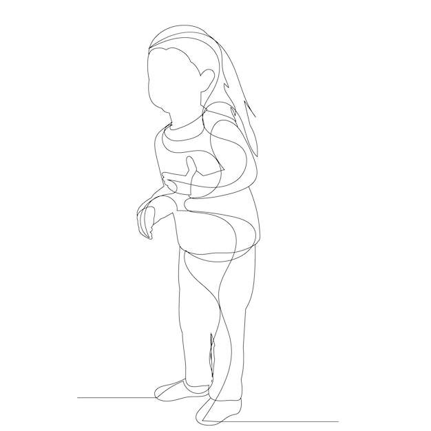 One line drawing child little girl