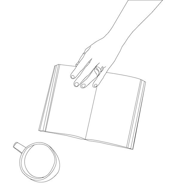 one line drawing coffee cup and hand with book