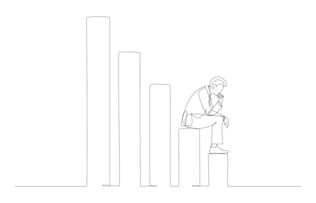 One line drawing of depressed businessman sitting on downtrend bar graph economic recession concept