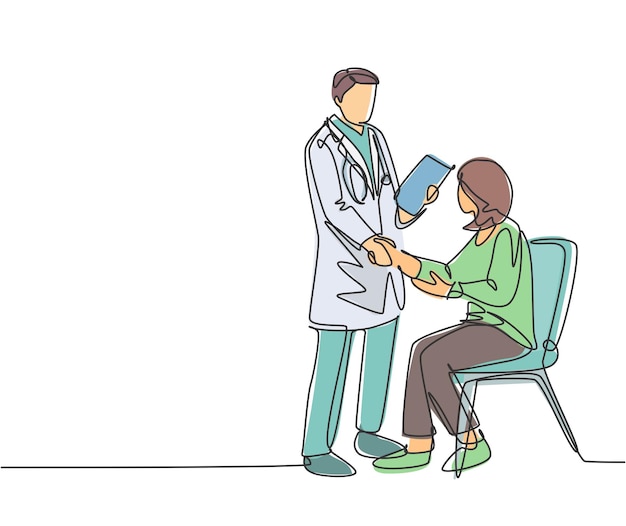 One line drawing of doctor handshake the patient in hospital to ask her condition Medical check up