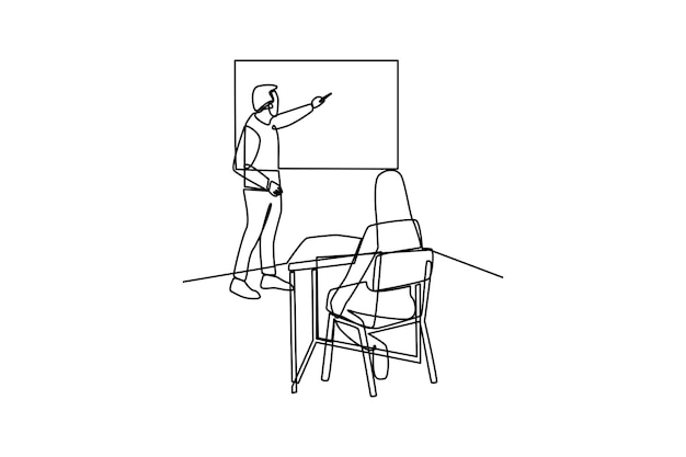 One line drawing of female teacher teach front her student and explain about new theory School education activity concept Continuous line draw design graphic vector illustration