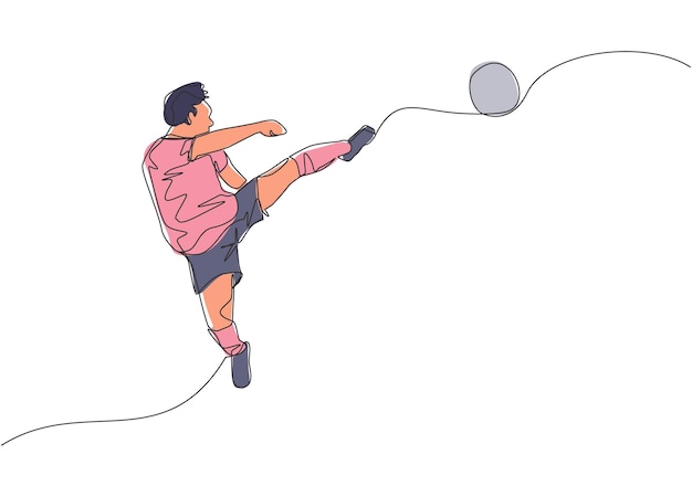 Vector one line drawing of football player practice kicking the ball while jumping at the field stadium