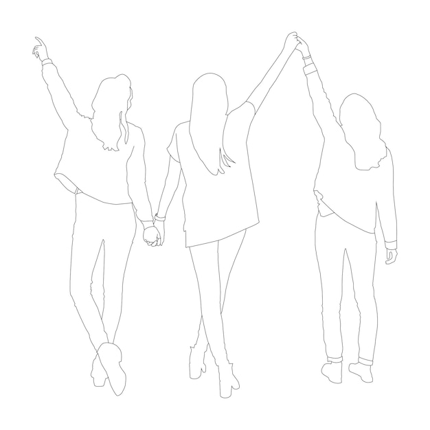 Vector one line drawing friends of group and outline vector on white background