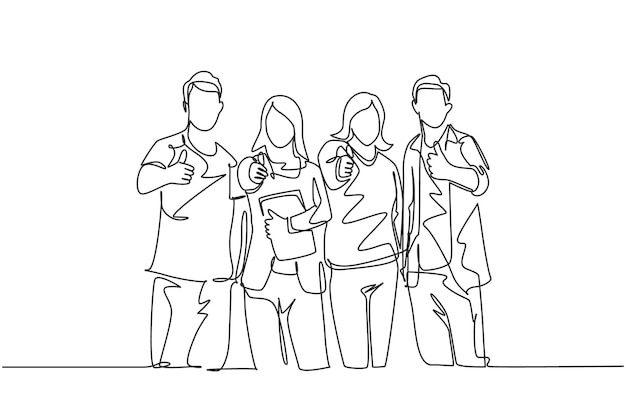 Vector one line drawing of groups happy college students giving thumbs up gesture after studying together