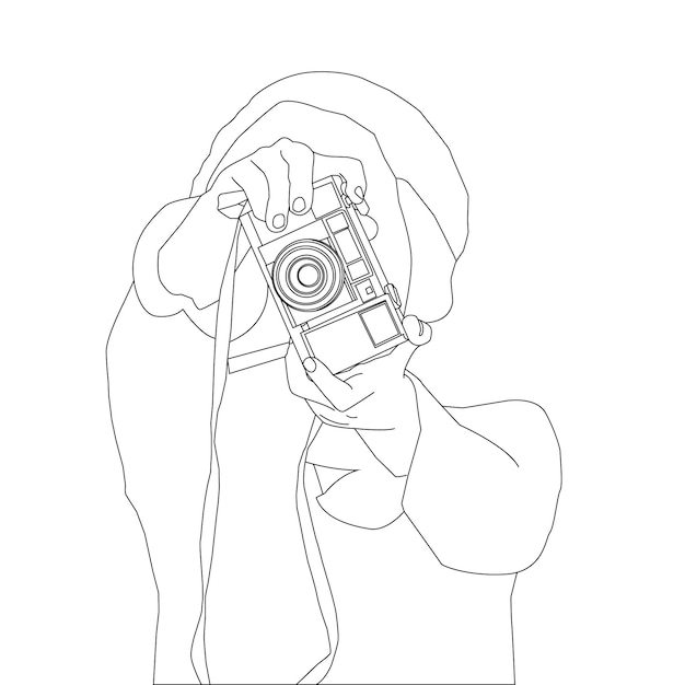 one line drawing hand holding camera and photographer