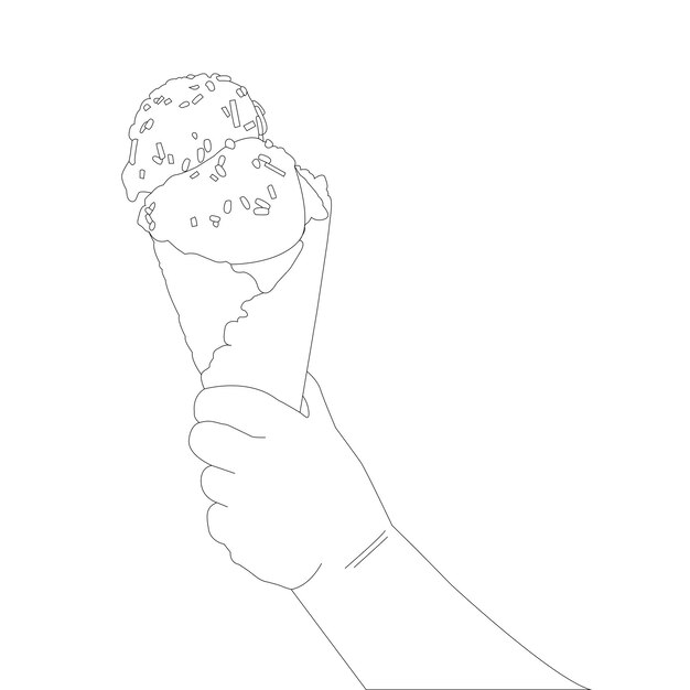 Vettore un disegno a tratteggio che tiene il cono gelato a mano