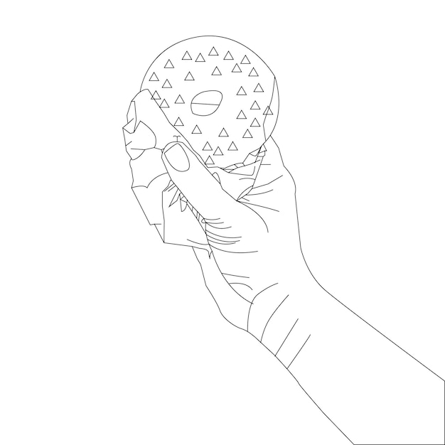 One line drawing hand holding donuts and outline vector on white background