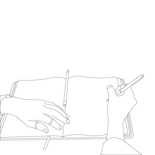 One line drawing hand holding pen with book and outline vector on white background