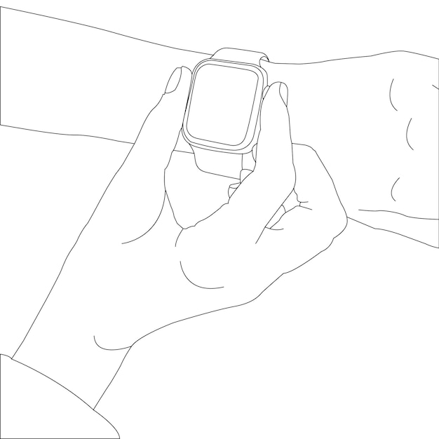 одна линия рисует руку, держащую часы и вектор контура на белом фоне