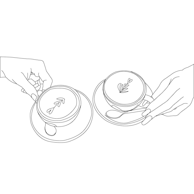 one line drawing hand with coffee and outline vector one white background