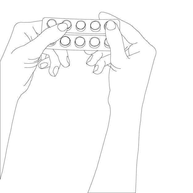 One line drawing hand with medicine and outline vector on white background