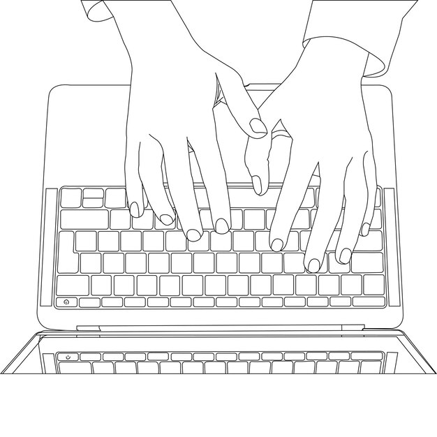 one line drawing hand with personal computer and outline vector on white background