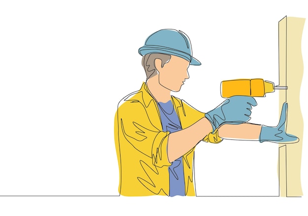 one line drawing of handsome handyman drilling wooden wall using drill machine house maintenance