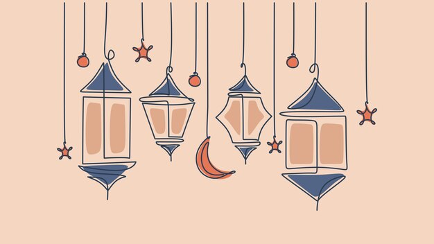 Vector one line drawing of hanging lanterns moon and islamic ornaments continuous single line minimalism