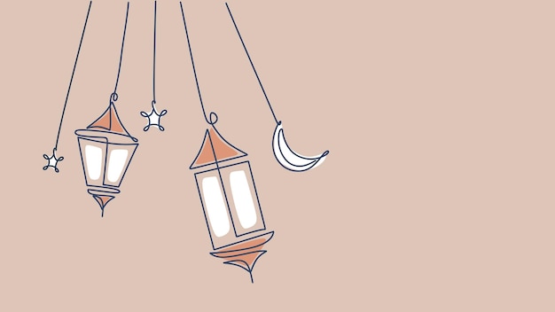 Vector one line drawing of hanging lanterns moon and islamic ornaments continuous single line minimalism