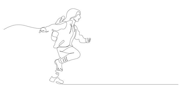 One line drawing of happiness student running