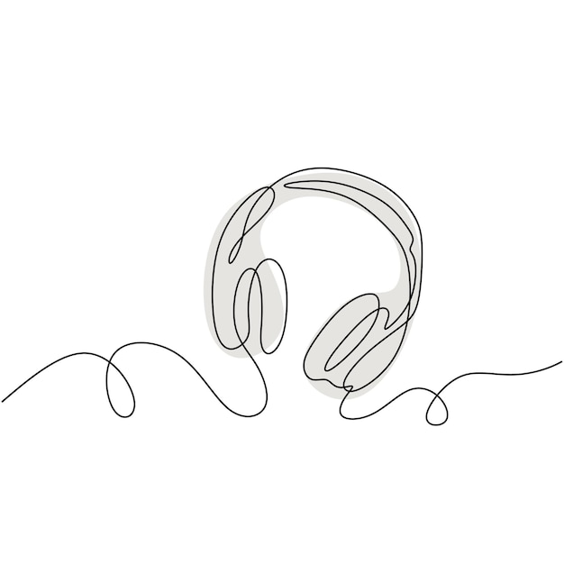 One line drawing of headphone speaker with grey color device gadget continuous line art design isolated on white background music element for listening songs and play list