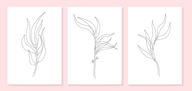 Un disegno a tratteggio di foglie rami fiori disegno a tratteggio continuo di set di foglie di eucalipto poster floreale a linea singola disegno di contorno di piante ramo di arte linea astratta in stile lineare moderno