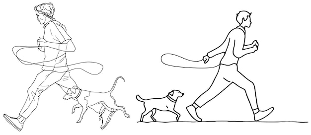 犬と走っている男の1行の絵