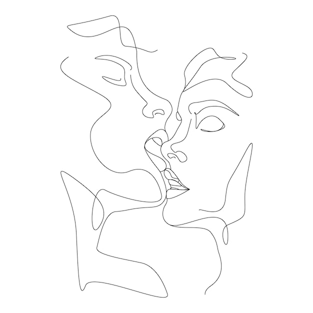 one line drawing minimalist couple kissing face illustration in line art style